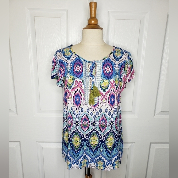 Farmers Market by One World Top S Ikat Tie Neck Popover Sequins Flutter Sleeves - Picture 13 of 13